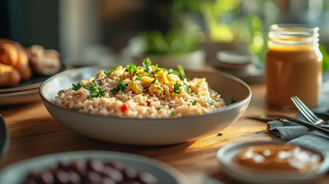 Refeição 1: Ovos, Arroz Branco, Feijão e Pasta de Amendoim