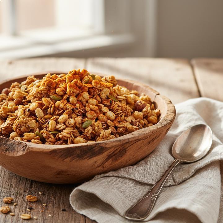 Receita de granola salgada de semente de abóbora e páprica;