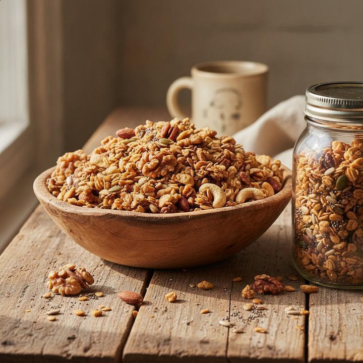 Receita de granola caseira low carb com mix de oleaginosas;
